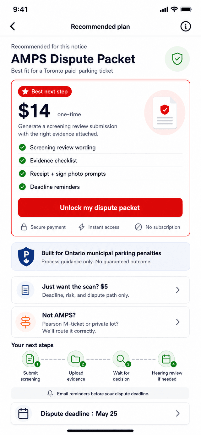 Withdrawn recommended plan screen showing an AMPS dispute packet