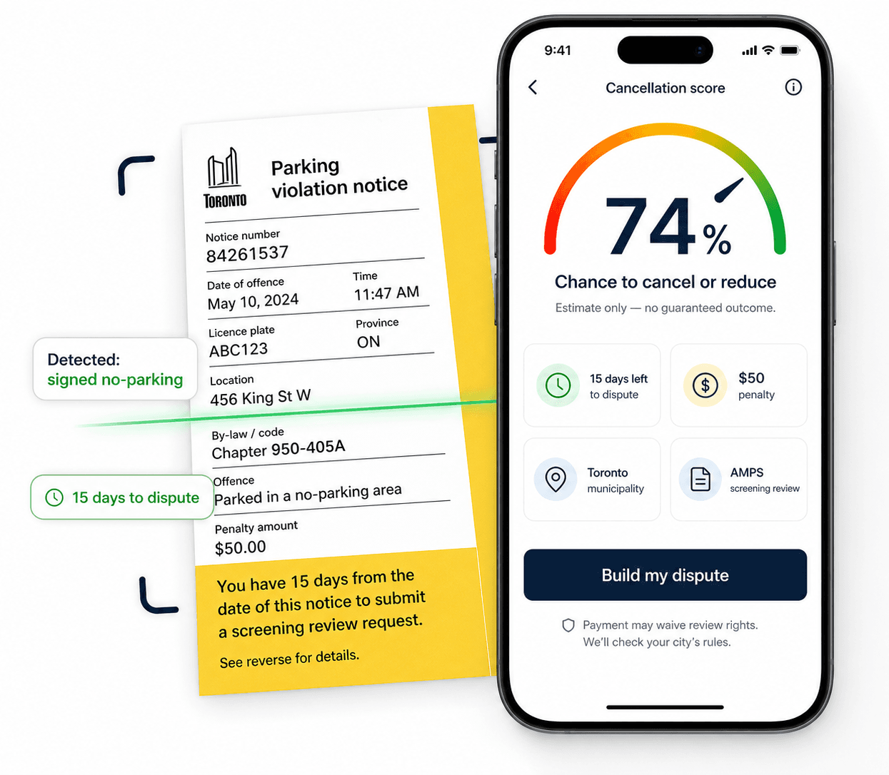 Withdrawn app mockup showing a scanned Ontario parking notice, a 74 percent cancellation score, and a dispute packet CTA